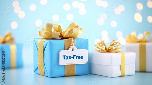 Tax Free Gift Concept: Serene Elegant Wrap - Tax-free shopping, gifts, celebration, savings, financial freedom.  A serene and elegant display of beautifully wrapped presents symbolizes the joy of tax- photo