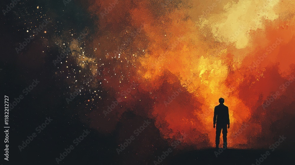 A Solitary Figure Contemplates a Fiery Cosmic Landscape A Solitary Figure Contemplates a Fiery Cosmic Landscape