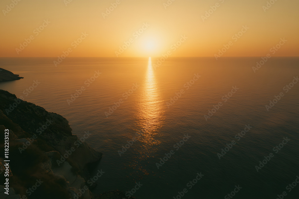 Obraz premium Beautiful sunset over the sea with an orange sky and sun, a summer landscape