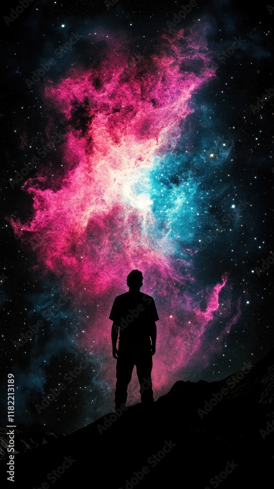 Silhouette Man Gazing at a Cosmic Nebula in the Night Sky Silhouette Man Gazing at a Cosmic Nebula in the Night Sky