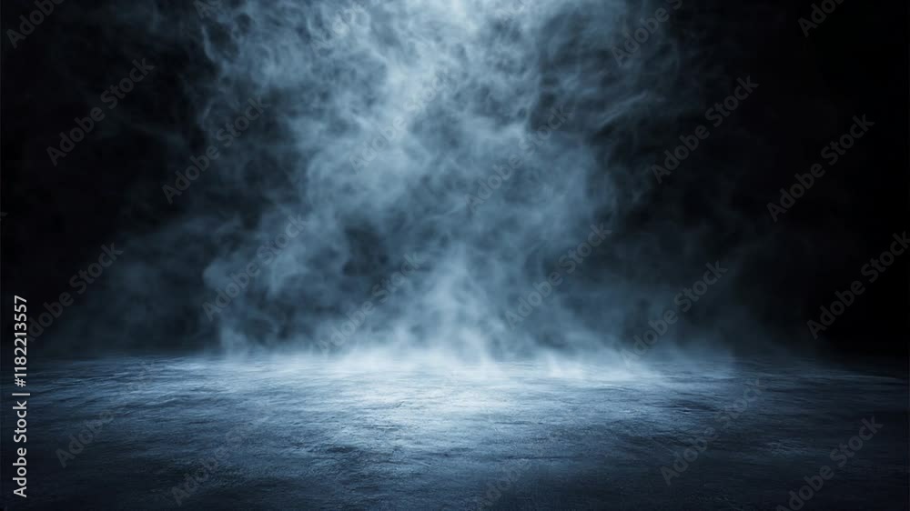 Suelo de concreto oscuro con niebla azul y fondo sombrío, ideal para escenarios dramáticos, atmosféricos o diseños de terror y misterio.