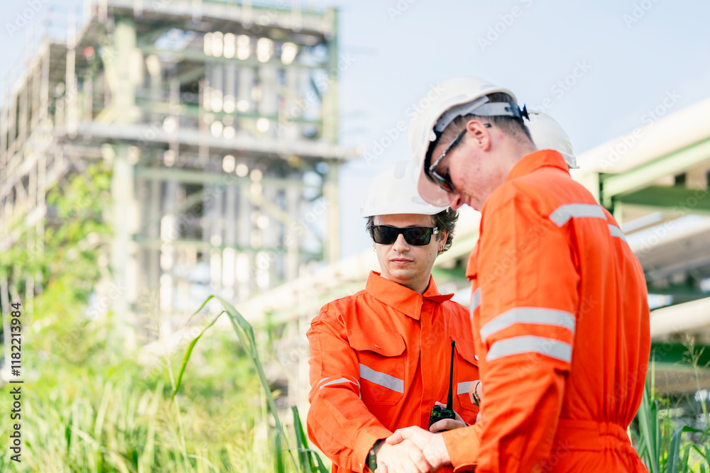 Engineering colleagues in high visibility vests exchange a handshake beneath an intricate industrial pipeline, showcasing mutual trust, cooperation, and project success.