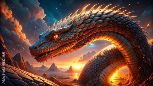 Surreal Orange Light Serpent: Gigantic Snake in Mystical Glow photo