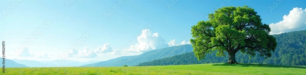 Majestic tall evergreen tree against clear sky, landscape, solitude Majestic tall evergreen tree against clear sky, landscape, solitude
