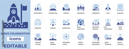  Space Exploration Icon Set Editable icons for rockets, satellites, astronomy, planets, space tech, and innovation