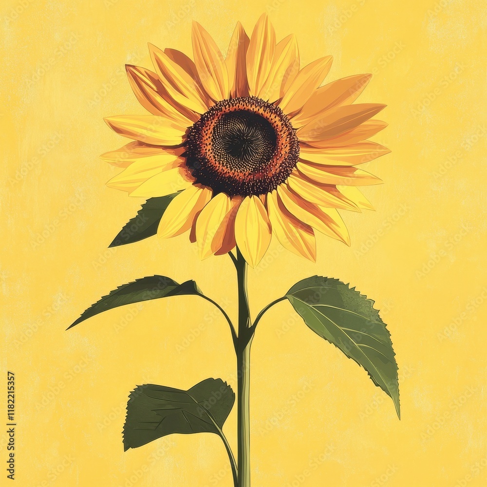 Fototapeta premium A Single Sunflower Against A Yellow Background