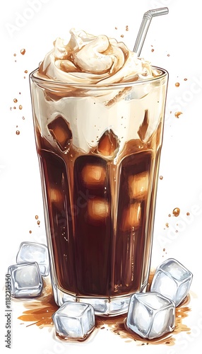 Delicious layered iced coffee with cream and ice cubes