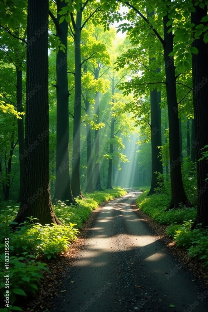 Obraz premium Narrow winding road through dense forest with towering trees and sunlight filtering through leaves, woods, serene