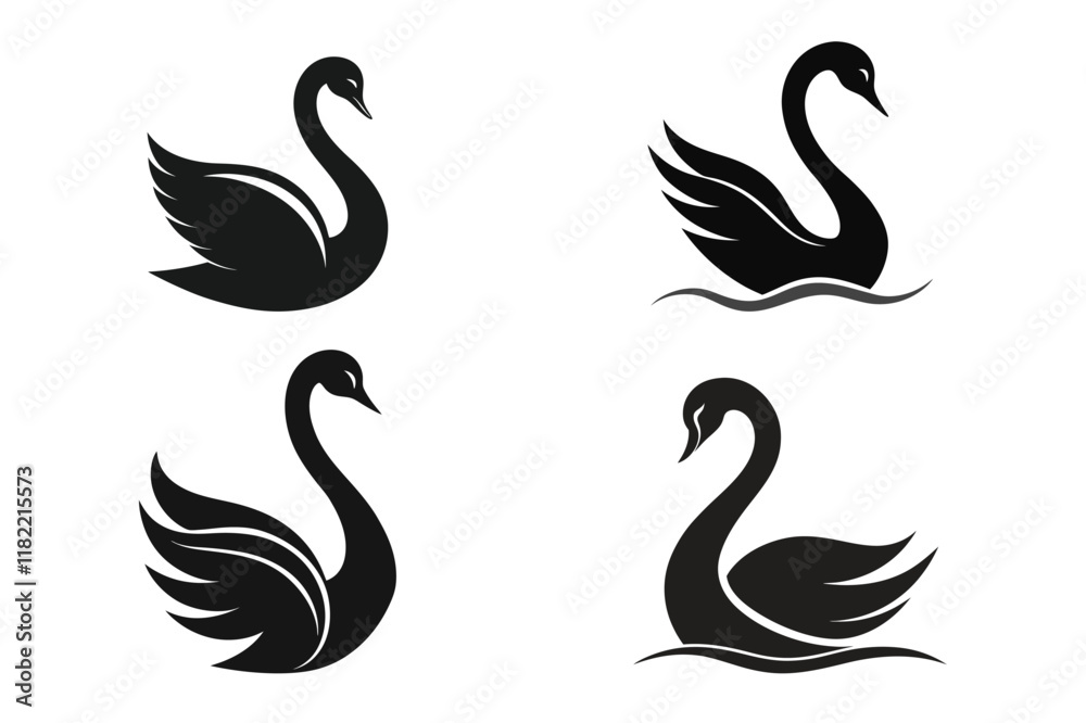 Fototapeta premium Swans Silhouette Isolated on White Background