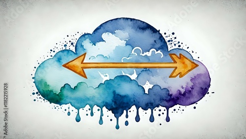 Abstract watercolor cloud with a double-headed arrow symbolizing data transfer, communication, or connection. Ideal for technology, business, or design concepts. photo