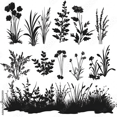 Set of Black and White Silhouettes of Various Plants and Grass
