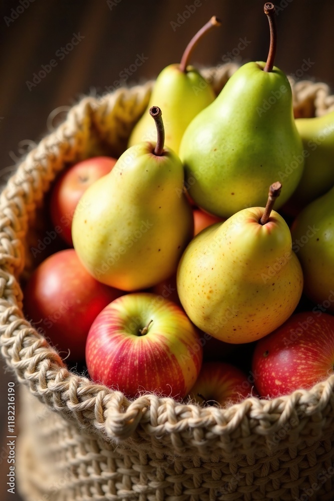 Pears and apples piled high in a woven jute sack, seasonal, organic Pears and apples piled high in a woven jute sack, seasonal, organic