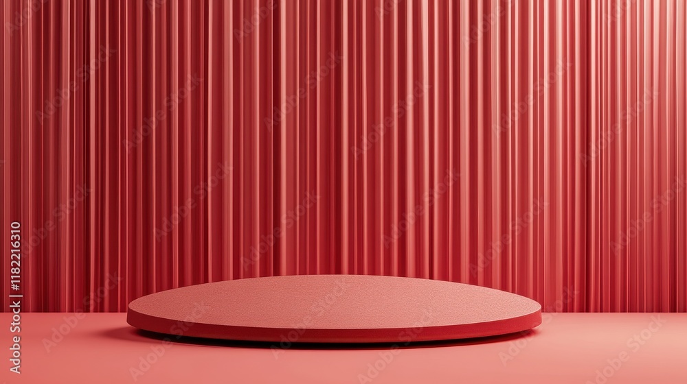 Circular podium with minimalist decorations solid red background digital art stylish environment soft lighting concept Circular podium with minimalist decorations solid red background digital art stylish environment soft lighting concept