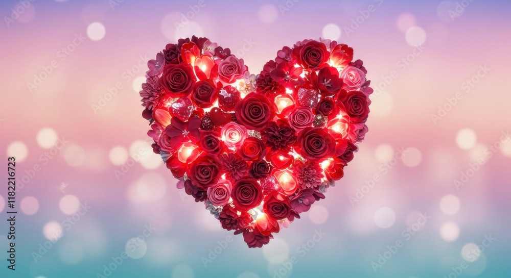 Obraz premium Rose Heart: A vibrant heart shaped arrangement of red roses with a bokeh background - an image that captures the essence of love, romance, and beauty.