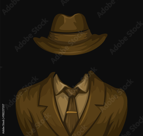 Mysterious Man Wearing Suit And Hat On Dark Background Illustration Vector