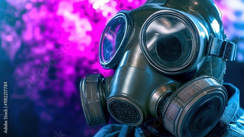 A person wears a gas mask, set against a vibrant, colorful background, suggesting themes of safety, protection, and a dystopian atmosphere. photo