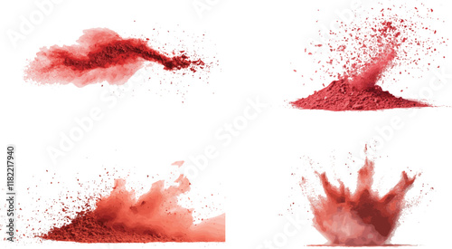 A pile of red powder on a white surface. Suitable for various uses, Dynamic splash of vibrant red powder scattered across a plain white background, 