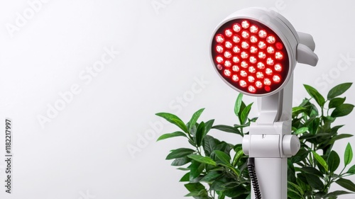 A modern red light therapy device stands beside lush green plants against a minimalistic backdrop.