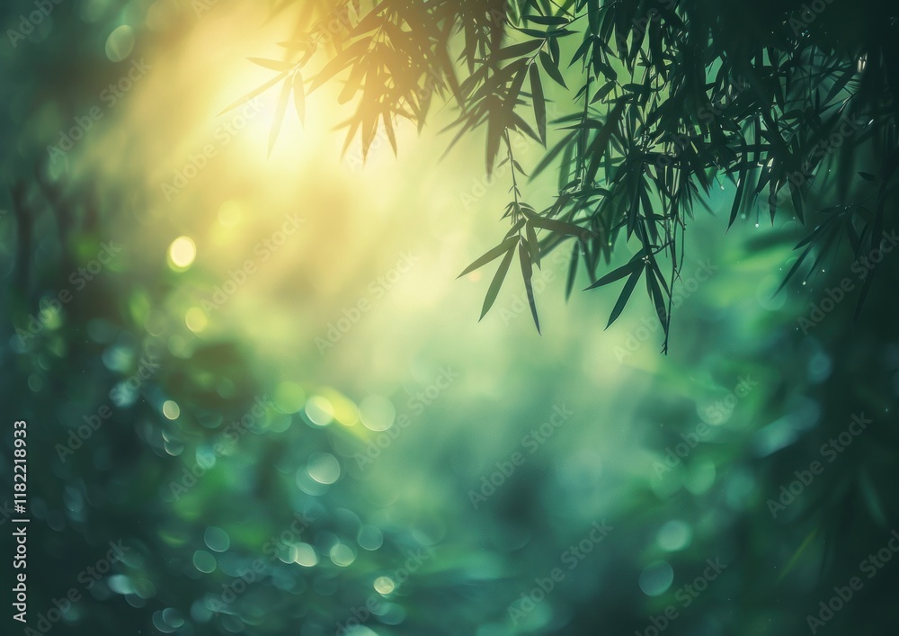 Fototapeta premium A serene bamboo forest showcases sunlight filtering through lush leaves, evoking tranquility and calmness