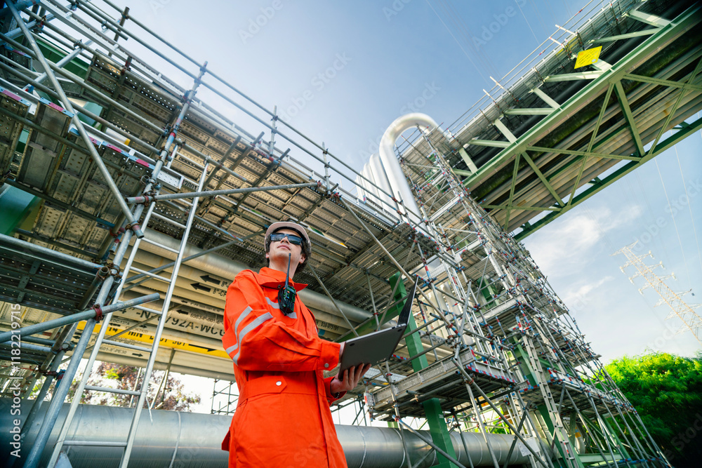 Fototapeta premium Engineer in reflective orange suit with a walkie-talkie and laptop, inspecting large industrial scaffolding and pipelines at a construction site, symbolizing innovation and safety in infrastructure.