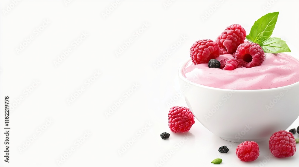 A creamy bowl of raspberry yogurt topped with fresh raspberries and a sprig of mint, set against a clean white background. A creamy bowl of raspberry yogurt topped with fresh raspberries and a sprig of mint, set against a clean white background.