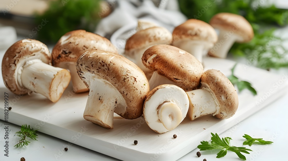 Fresh mushrooms display kitchen counter food photography natural light close-up culinary inspiration Fresh mushrooms display kitchen counter food photography natural light close-up culinary inspiration