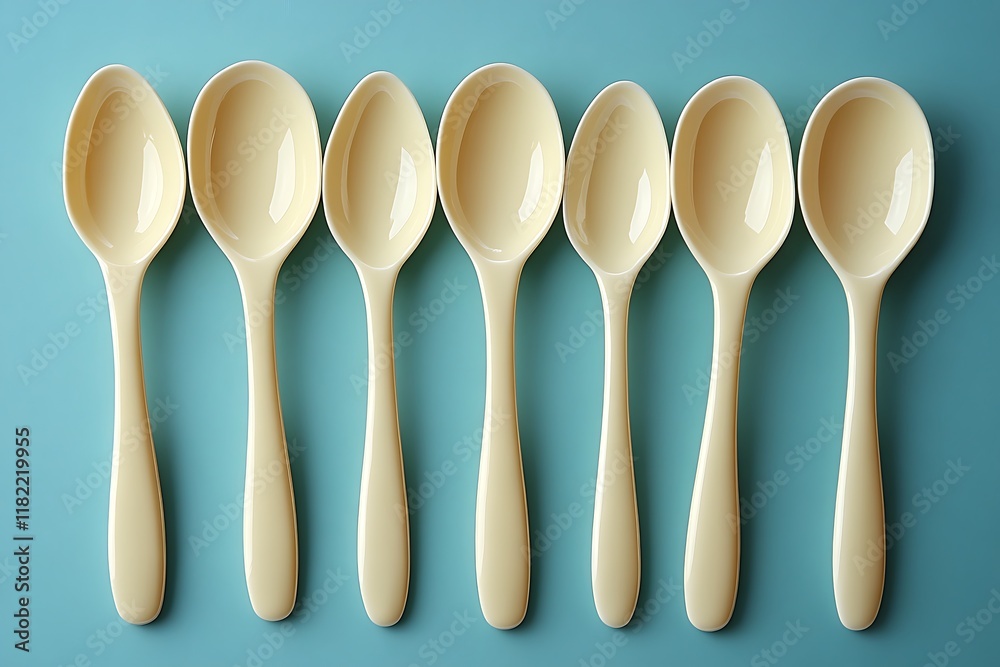 Six Cream Colored Spoons Arranged in a Row Six Cream Colored Spoons Arranged in a Row