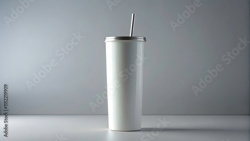 Generative AI created:  A 20oz white skinny tumbler with straw, sharply silhouetted on a grey backdrop. photo