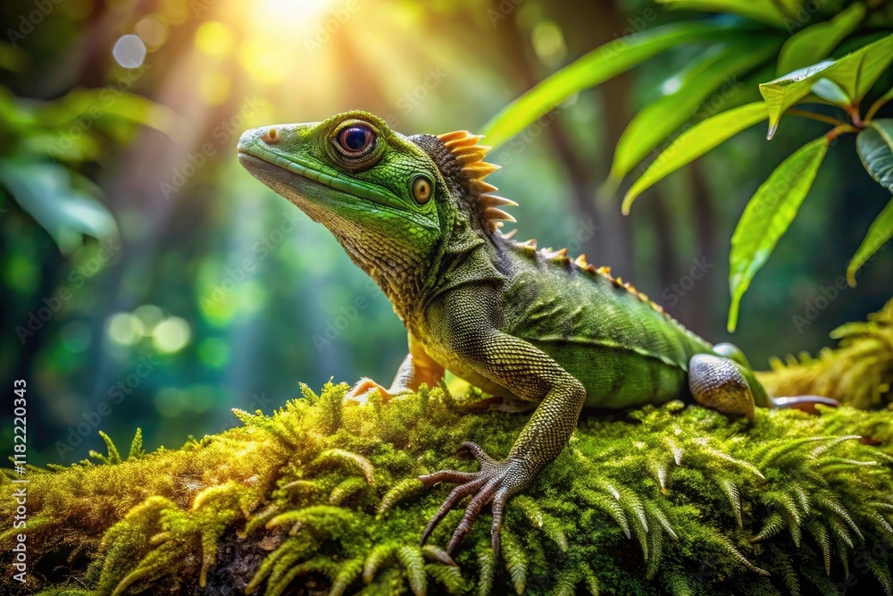 Green rainforest canopy shelters a dew-covered basilisk lizard; captivating wildlife photography. Green rainforest canopy shelters a dew-covered basilisk lizard; captivating wildlife photography.