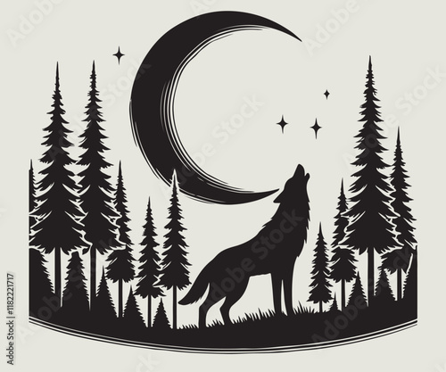 monochrome illustration of a serene forest night scene featuring a wolf howling at the crescent moon