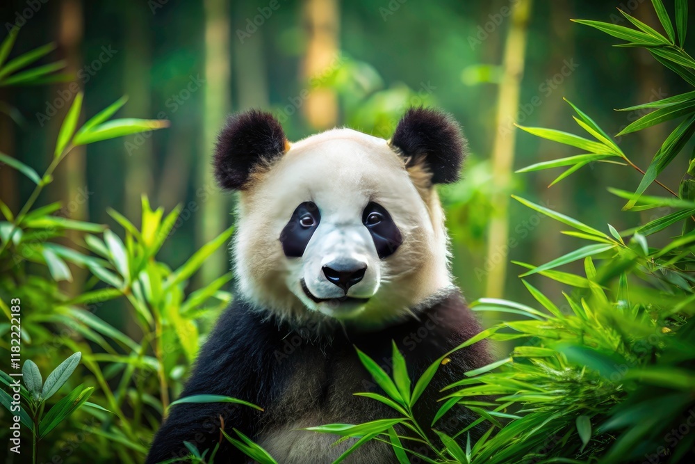 Fototapeta premium Lush green bamboo frames a solitary, adorable panda. Pure minimalist charm.