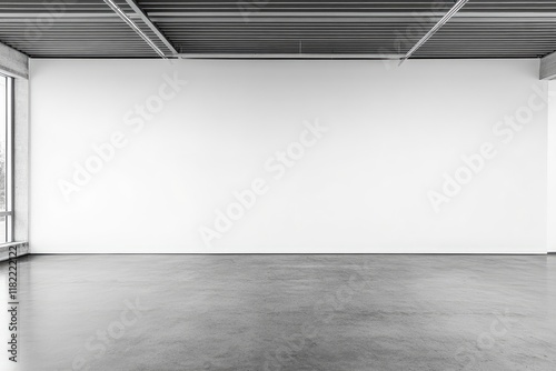 A large white wall in an empty room with a concrete floor, grey ceiling, and glass windows. This mockup space, well-lit by natural light, is perfect for graphic design or artwork display