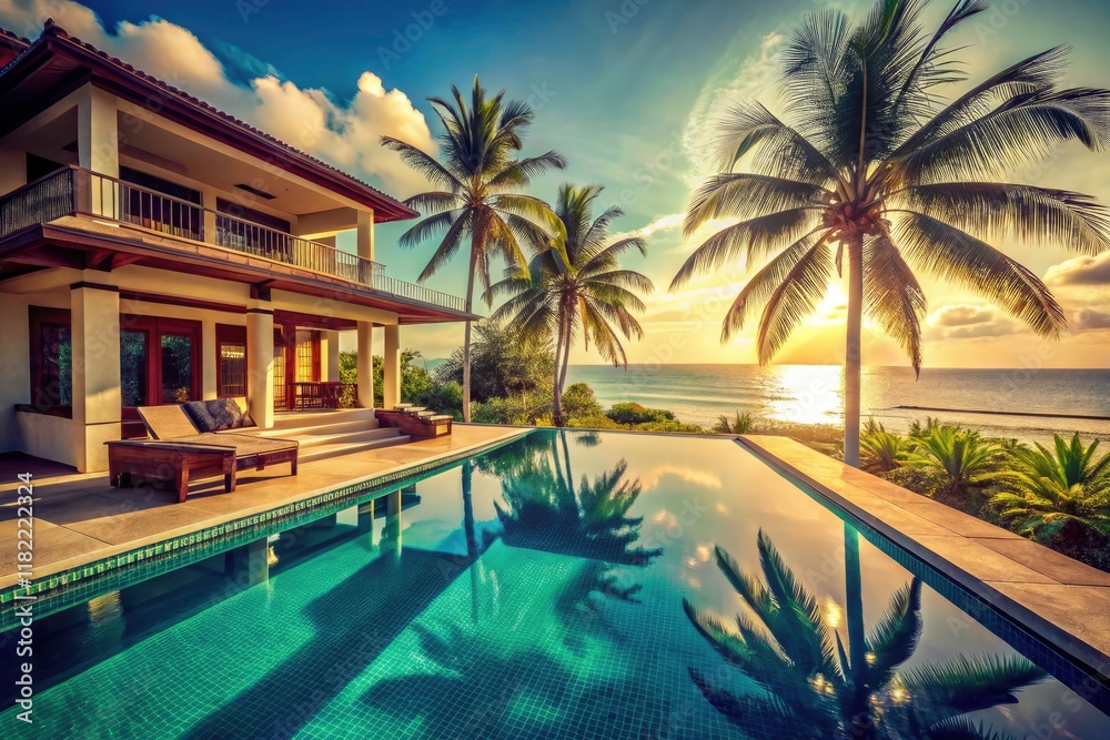 Fototapeta premium Luxury beachfront villa: vintage charm meets tropical bliss, complete with infinity pool.
