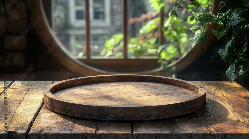 A rustic wooden plate providing a natural background, ideal for food or product photography. A rustic wooden plate providing a natural background, ideal for food or product photography.