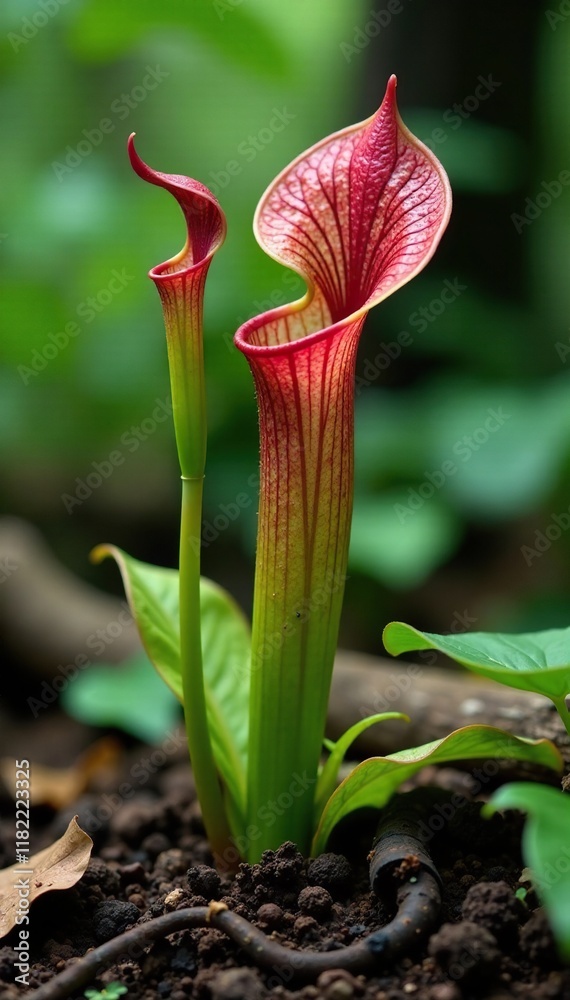 Tropical pitcher plant with a few leaves and stems growing out of the ground, insect eater, forest floor Tropical pitcher plant with a few leaves and stems growing out of the ground, insect eater, forest floor