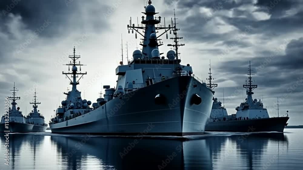 Naval fleet maneuvers under dramatic skies at the harbor during dusk Naval fleet maneuvers under dramatic skies at the harbor during dusk
