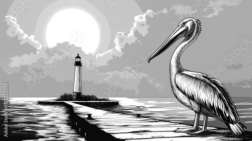 Pelican on dock, lighthouse sunset, coastal illustration, nautical print