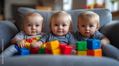 Adorable Triplets with Colorful Blocks: A Sweet and Playful Portrait