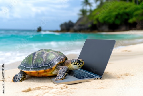 Tropical turtle intrigued by modern technology