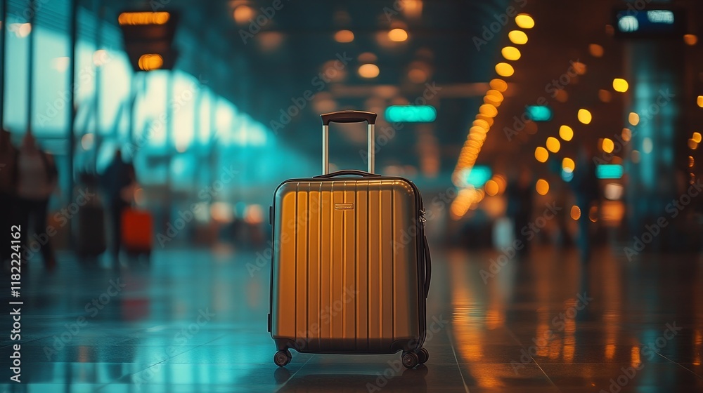 Stylish suitcases in a bustling airport terminal bathed in warm sunlight. Perfect for travel, luggage, and lifestyle visuals. Stylish suitcases in a bustling airport terminal bathed in warm sunlight. Perfect for travel, luggage, and lifestyle visuals.