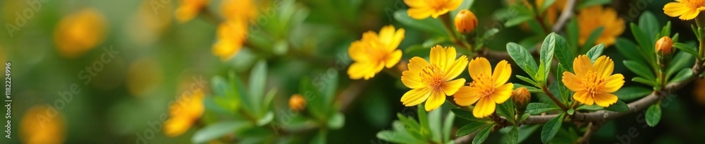 Yellow-orange flowers on a small shrub with twisted branches, UK flora, Mediterranean climate, evergreen shrubs Yellow-orange flowers on a small shrub with twisted branches, UK flora, Mediterranean climate, evergreen shrubs