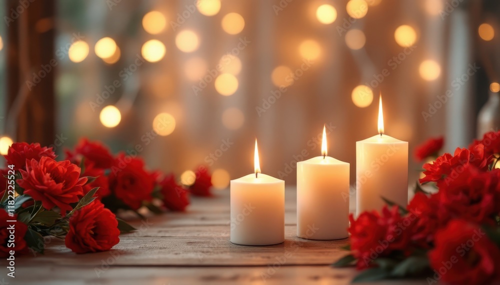 Cozy candlelit setting with red flowers and romantic lights Cozy candlelit setting with red flowers and romantic lights