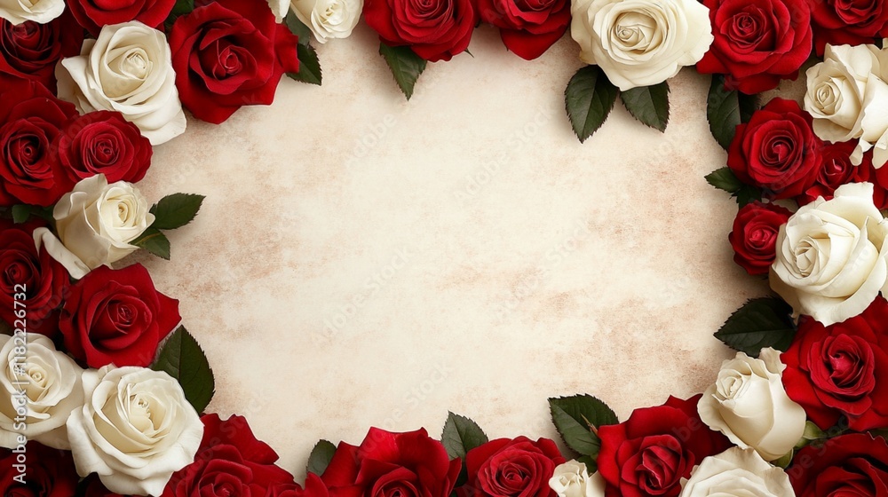 Red Roses Frame with Floral Design on brown Background Red Roses Frame with Floral Design on brown Background