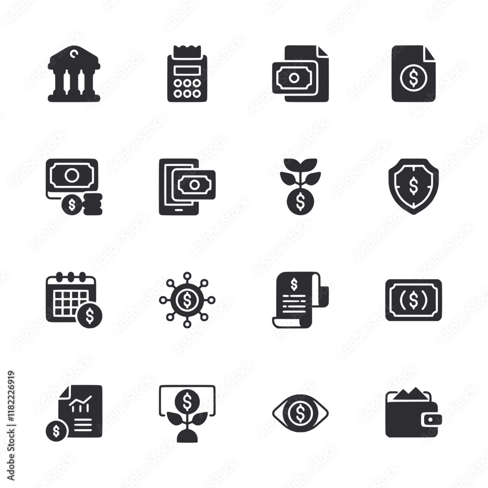 A set of black and white icons that represent various financial concepts A set of black and white icons that represent various financial concepts