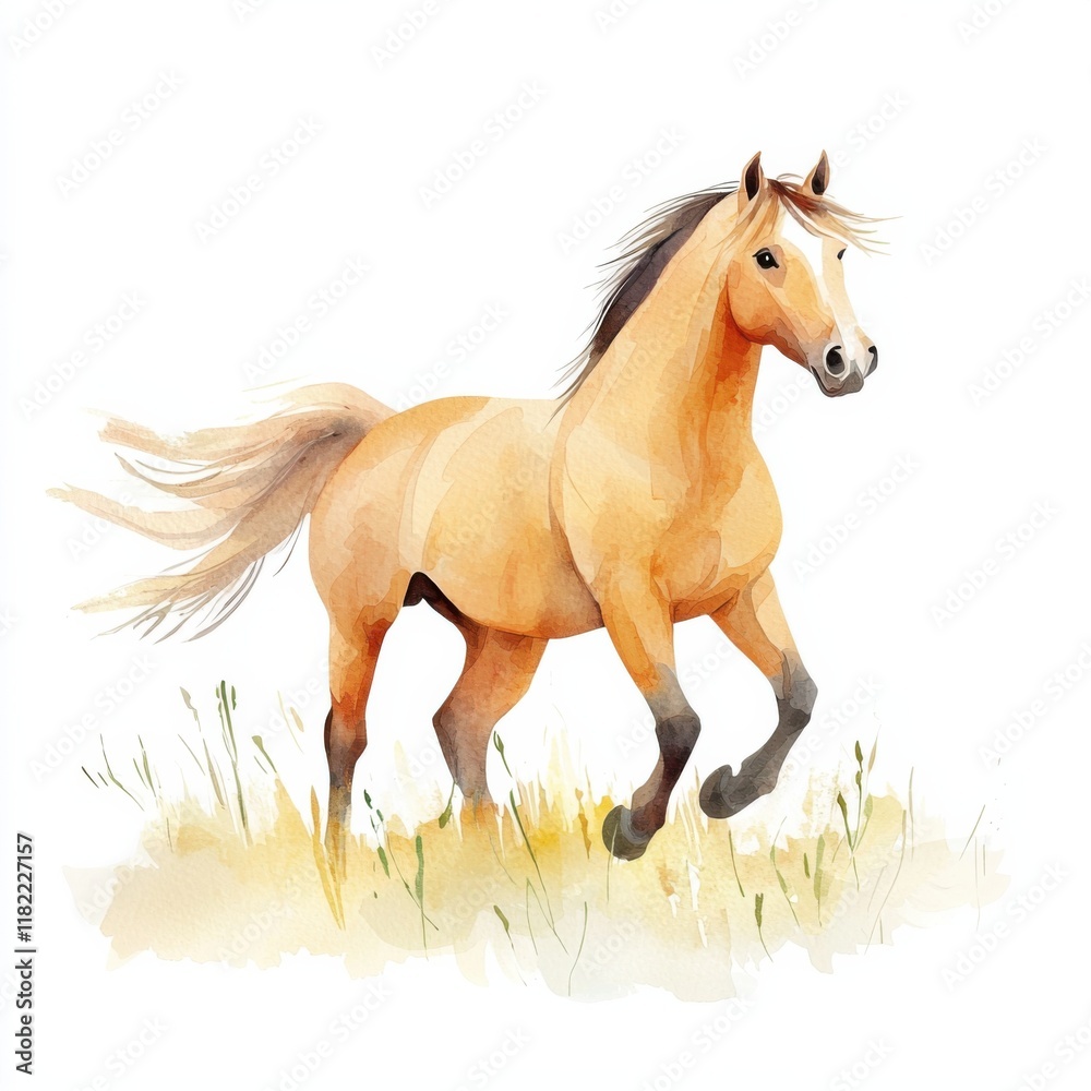 Obraz premium Graceful watercolor horse trotting in a serene meadow artistic style nature vibrant colors