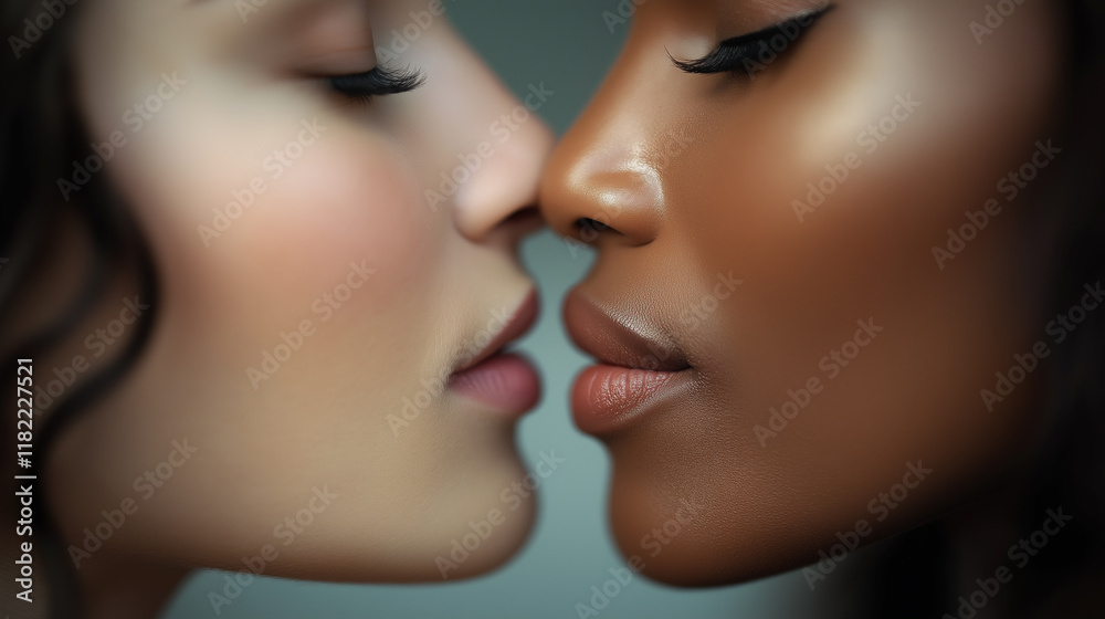Close-up of two women faces with flawless skin, natural beauty portrait, intimate pose, soft lighting, skincare and diversity concept for wellness Close-up of two women faces with flawless skin, natural beauty portrait, intimate pose, soft lighting, skincare and diversity concept for wellness