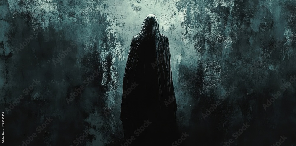 Dark Hooded Figure Against a Grungy Wall Dark Hooded Figure Against a Grungy Wall