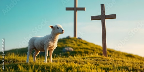 Wallpaper Mural Lamb Crosses Hill Grass Spring Easter Hope Faith Religious Spiritual Peace Serenity Nature Sunrise Torontodigital.ca