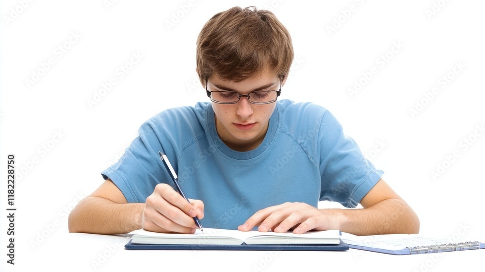 Teenager studying, writing notes, white background, education Teenager studying, writing notes, white background, education