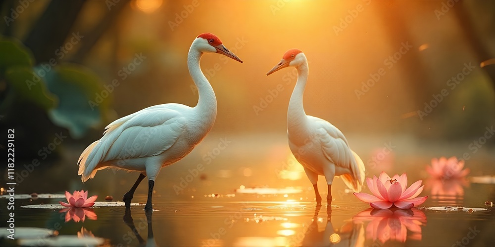 Fototapeta premium Serene Sunrise Two White Cranes Amidst Pink Lotus Blossoms